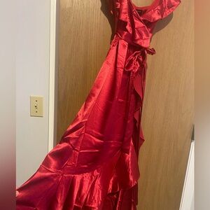 Little Mistress Red Satin Maxi Dress with Ruffle Detail